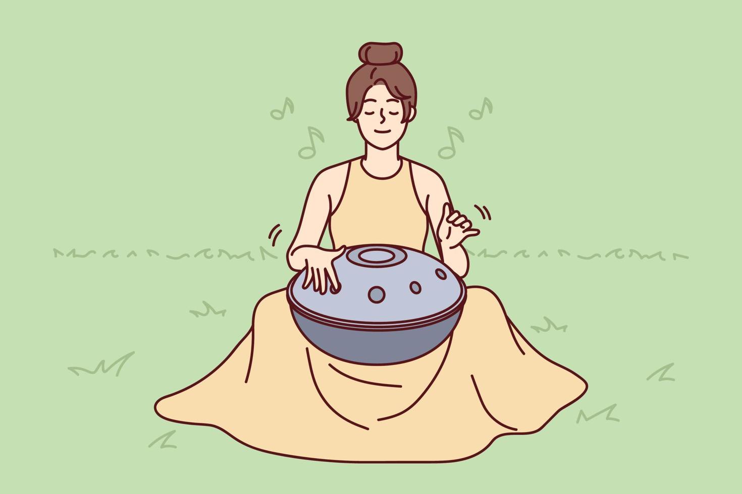 jeune femme assise sur l'herbe à l'extérieur jouer sur un instrument de musique traditionnel en méditant. la yogi féminine utilise un handpan ou un tambour d'harmonie pour la méditation. spirituel. illustration vectorielle. vecteur