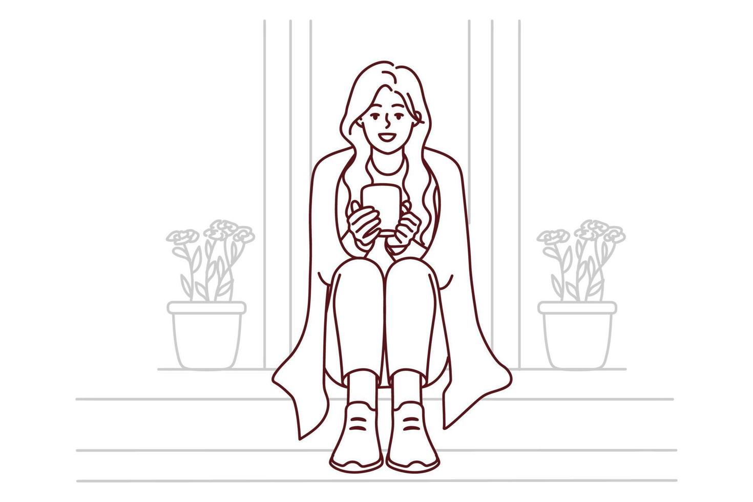 femme heureuse s'asseoir dans les escaliers à la maison en buvant du café chaud. une fille souriante profite de l'extérieur avec du thé le matin. illustration vectorielle. vecteur