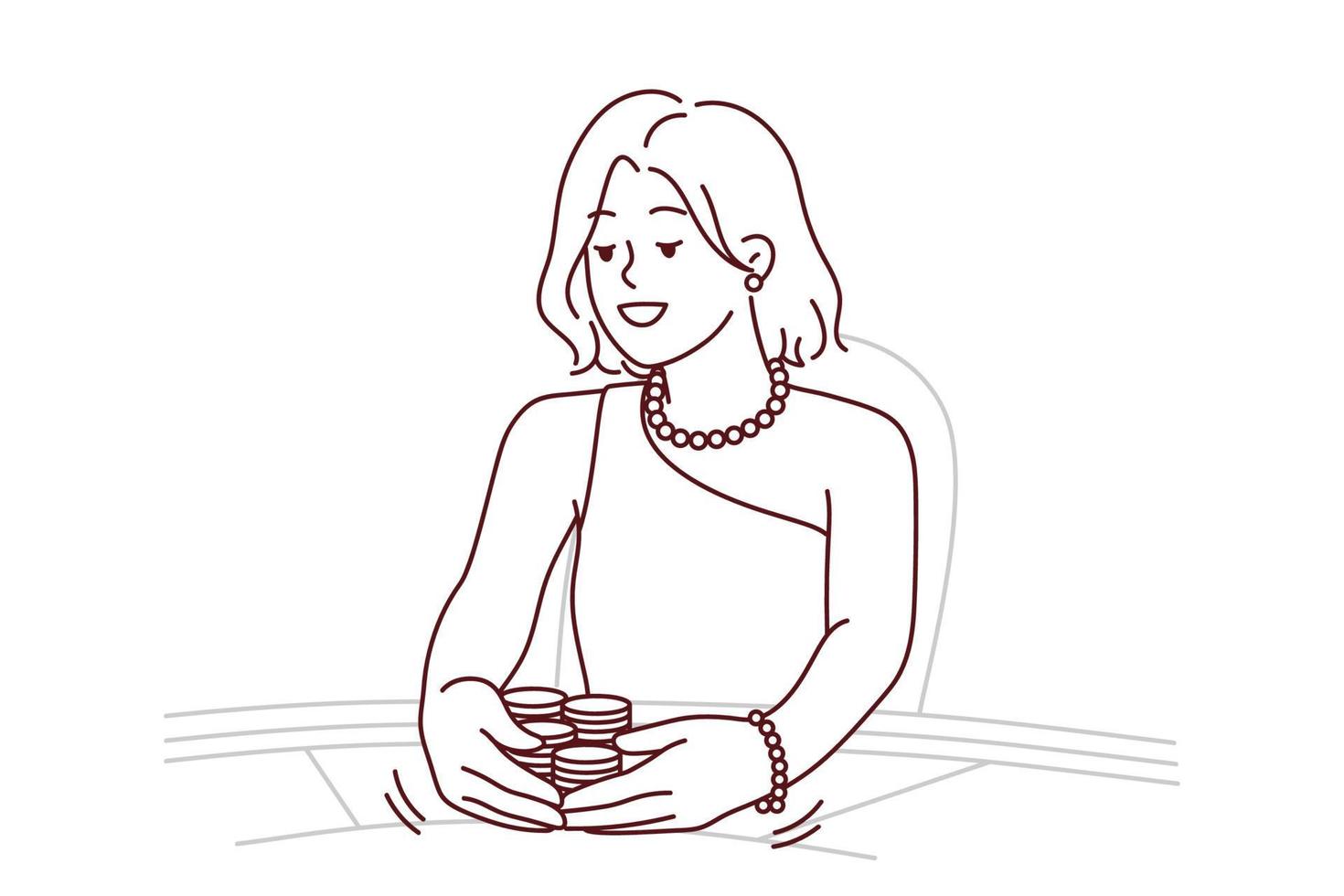 femme assise sur une table dans un casino jouant à un jeu pour de l'argent. femme souriante en robe de jeu dans la maison de jeu. dépendance et divertissement. illustration vectorielle. vecteur