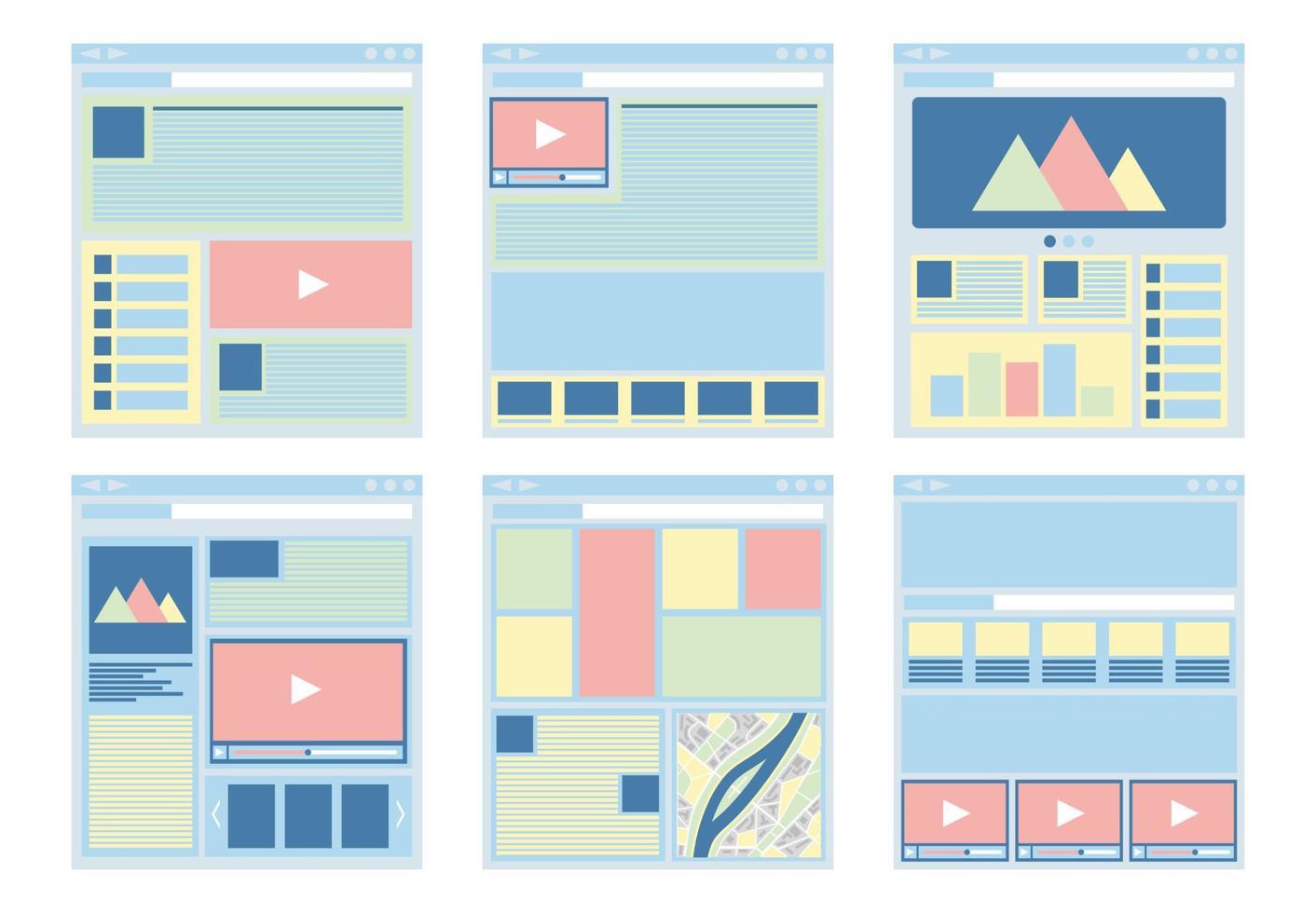 ensemble de six modèles de sites Web plats, technologie de conception Web. illustration vectorielle vecteur