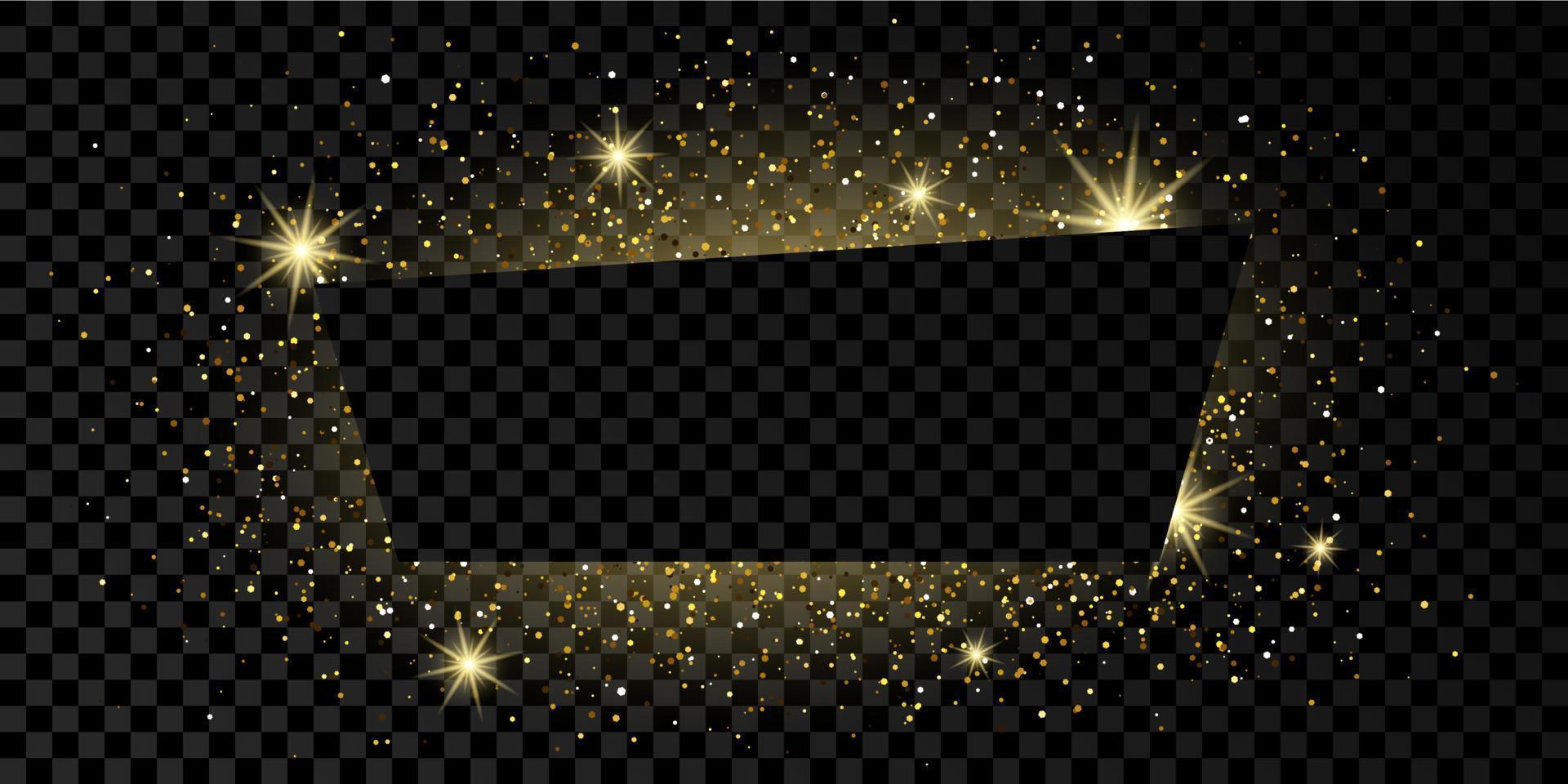 cadre trapèze doré avec paillettes, étincelles et fusées éclairantes. toile de fond de luxe vide. illustration vectorielle. vecteur