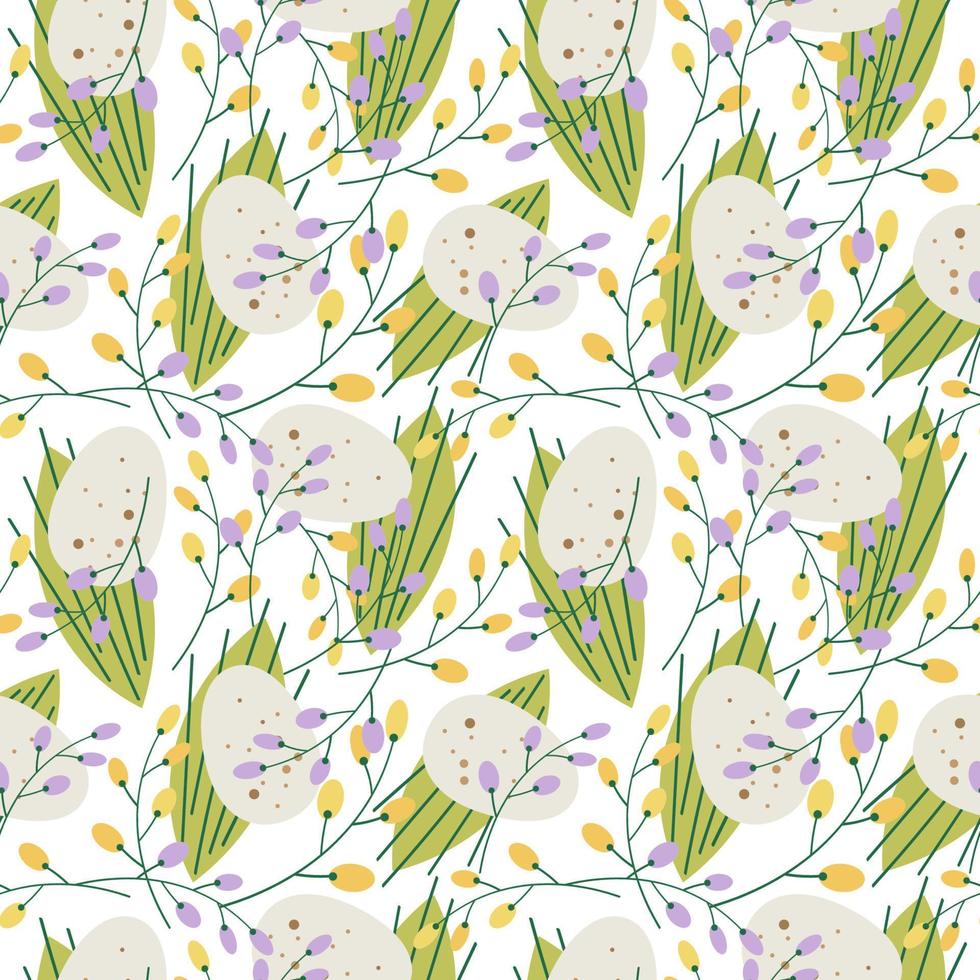 joli motif harmonieux répétitif pour pâques sur fond blanc. oeuf de caille naturel non peint dans un motif avec des branches et des fleurs de mimosa, des feuilles vertes. fond de Pâques. pour le textile et le design vecteur