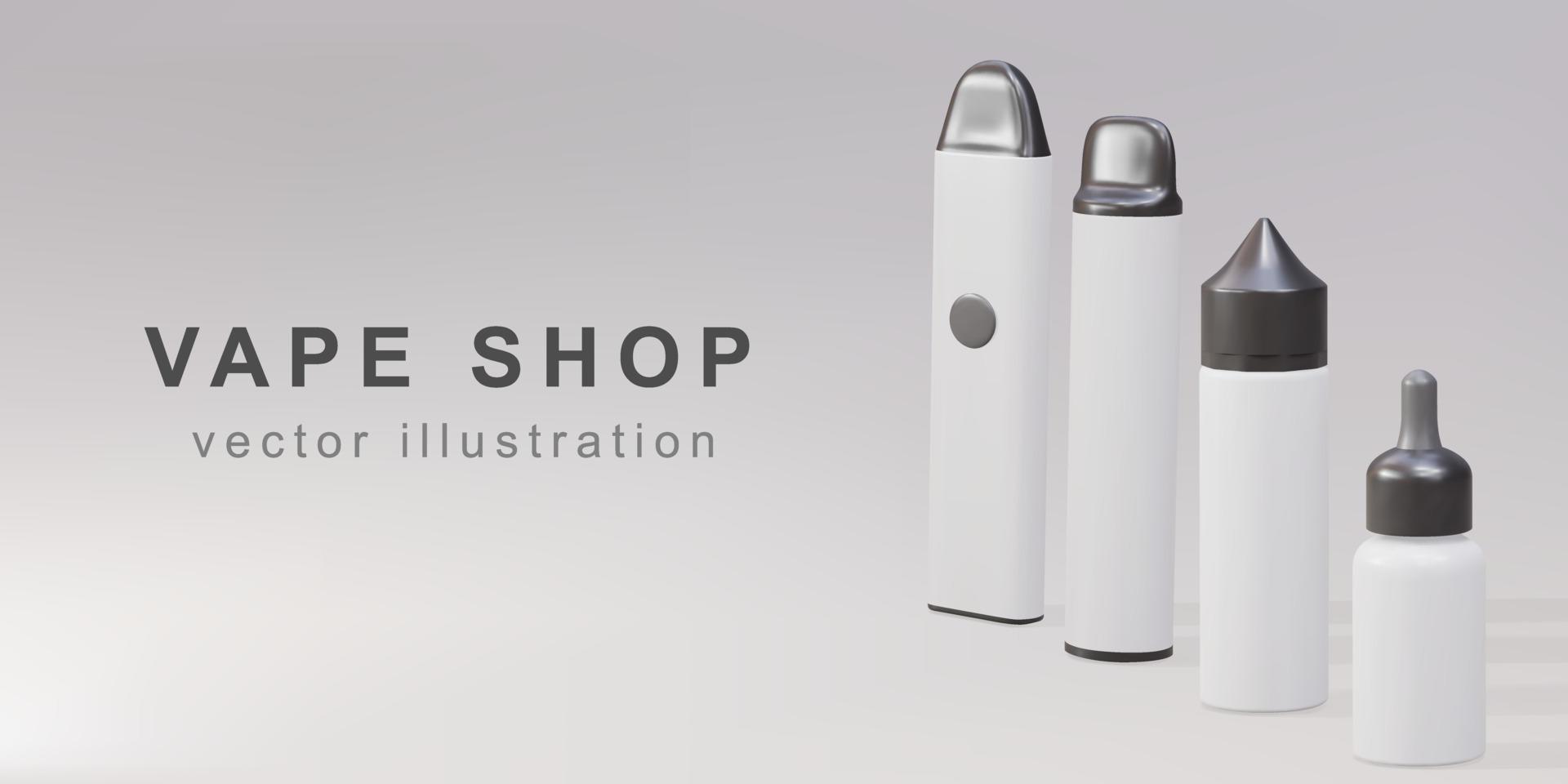 bannière promotionnelle 3d pour vape shop - appareils de vapotage réalistes et bouteille en plastique pour vapoter. illustration vectorielle. vecteur