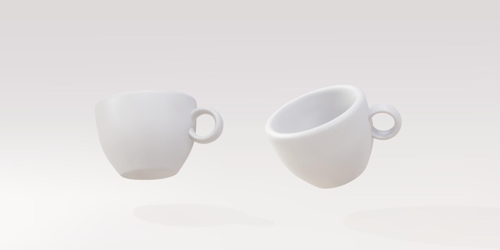 3d deux tasses blanches sur fond gris. illustration vectorielle. vecteur