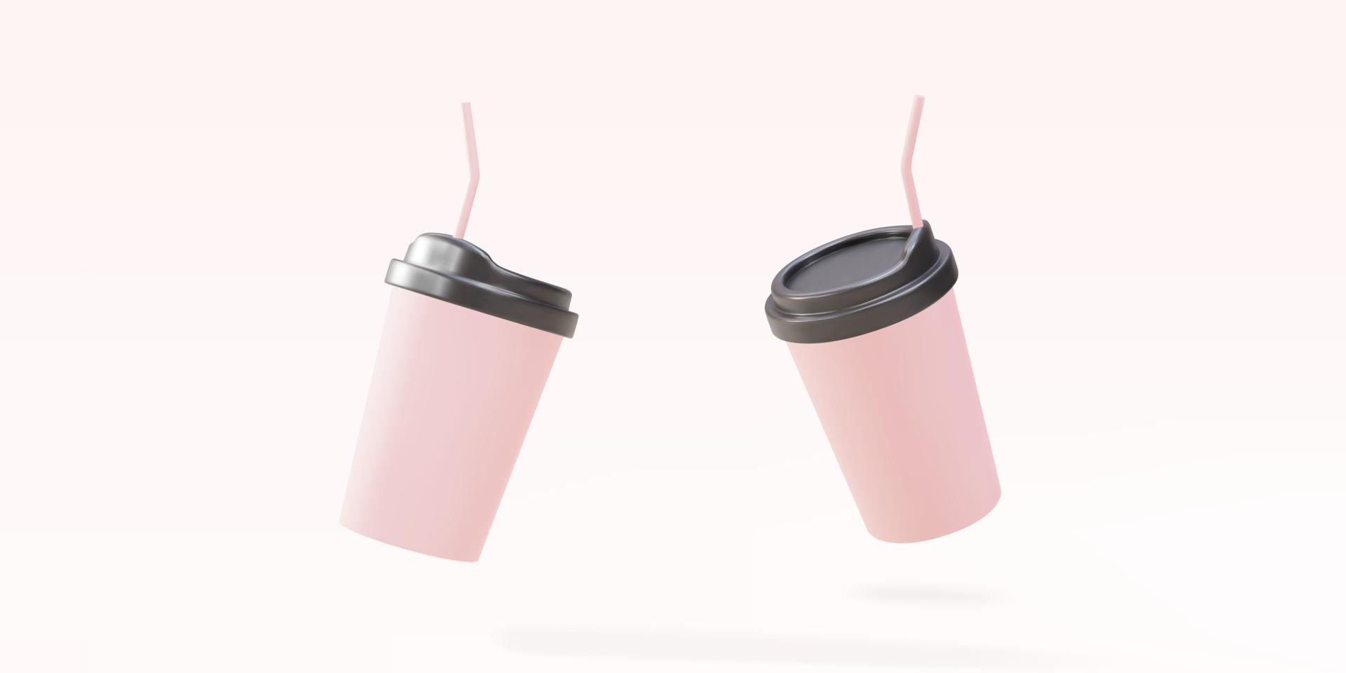 3d deux tasses à café en papier rose avec une paille sur fond rose. illustration vectorielle. vecteur