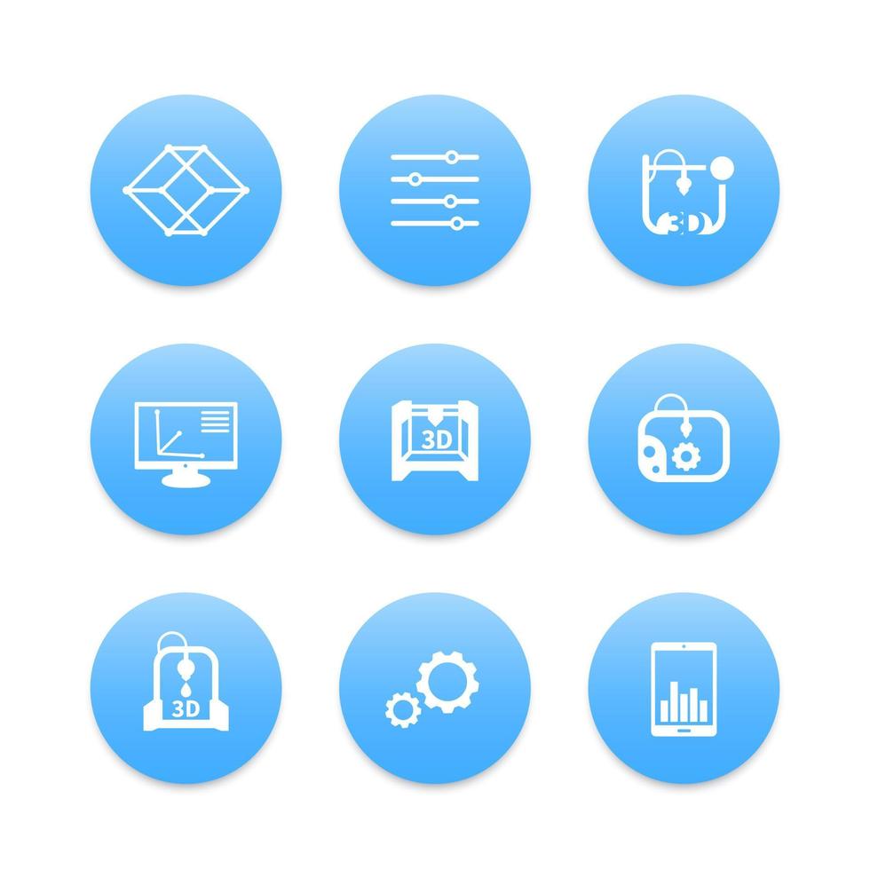 imprimante 3d, ensemble d'icônes d'impression, modélisation, fabrication additive, conception vecteur