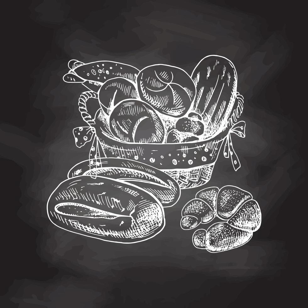 ensemble de boulangerie de style croquis dessinés à la main vintage, panier en osier avec pain, bagel et petit pain. fond de tableau, dessin blanc. icône de croquis et élément de boulangerie. vecteur
