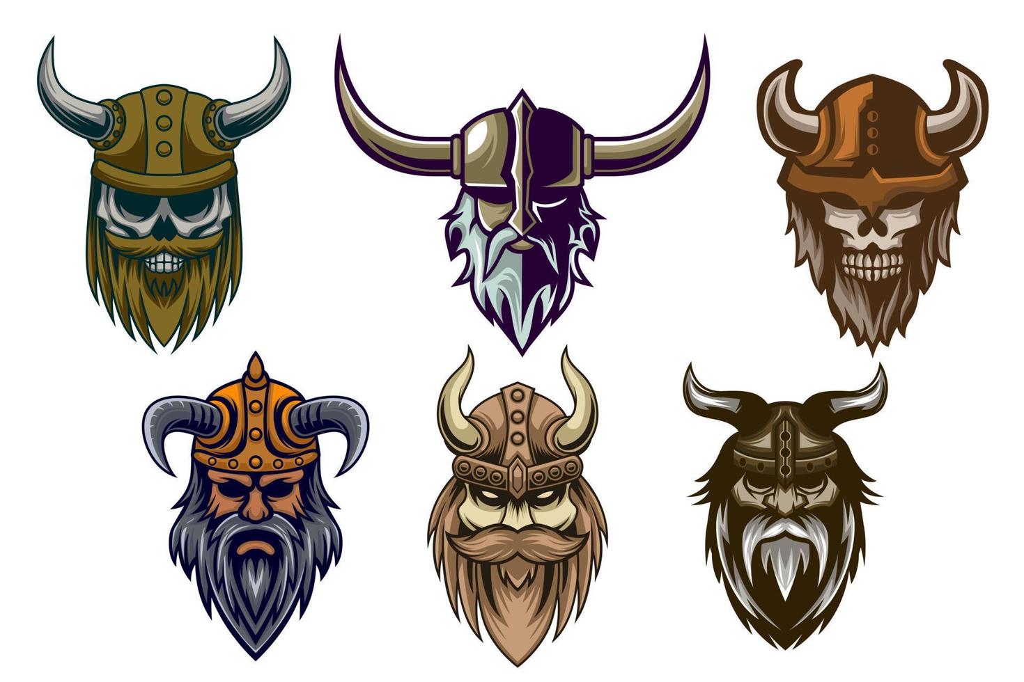 logo de la mascotte viking. tête de viking vieil homme et crâne mascotte logo design ensemble illustration vectorielle de bundle vecteur