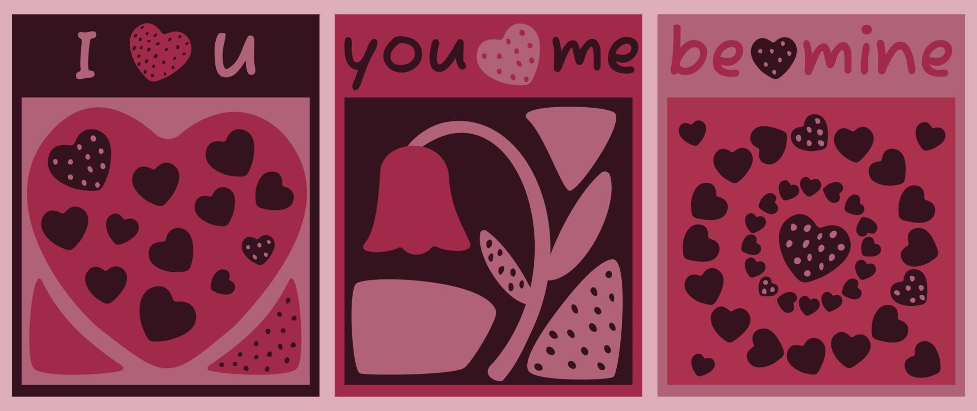 un ensemble de cartes postales sur le thème de l'amour. des affiches avec l'inscription t'aime, toi et moi, sois à moi. illustration vectorielle. vecteur