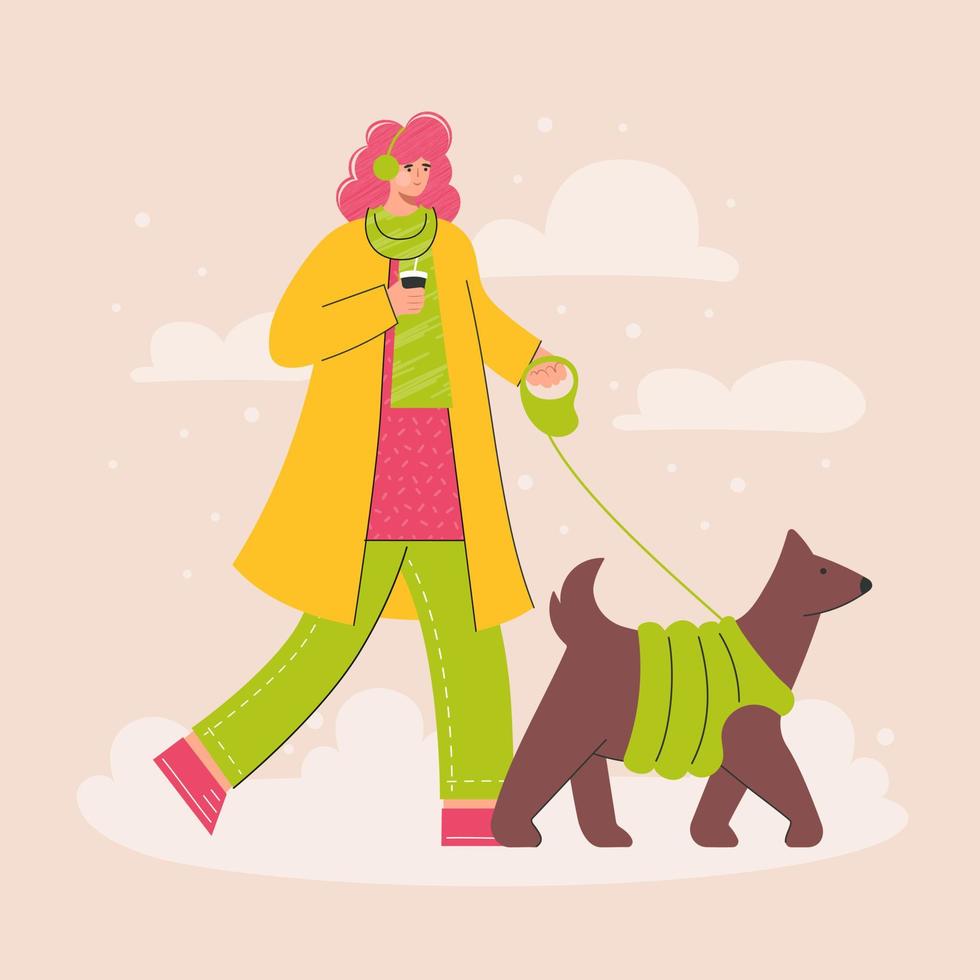 femme heureuse marchant avec un chien dans un parc d'hiver froid. promenez votre chien mois. activité de plein air avec animal de compagnie. illustration vectorielle à la mode dans un style plat. vecteur