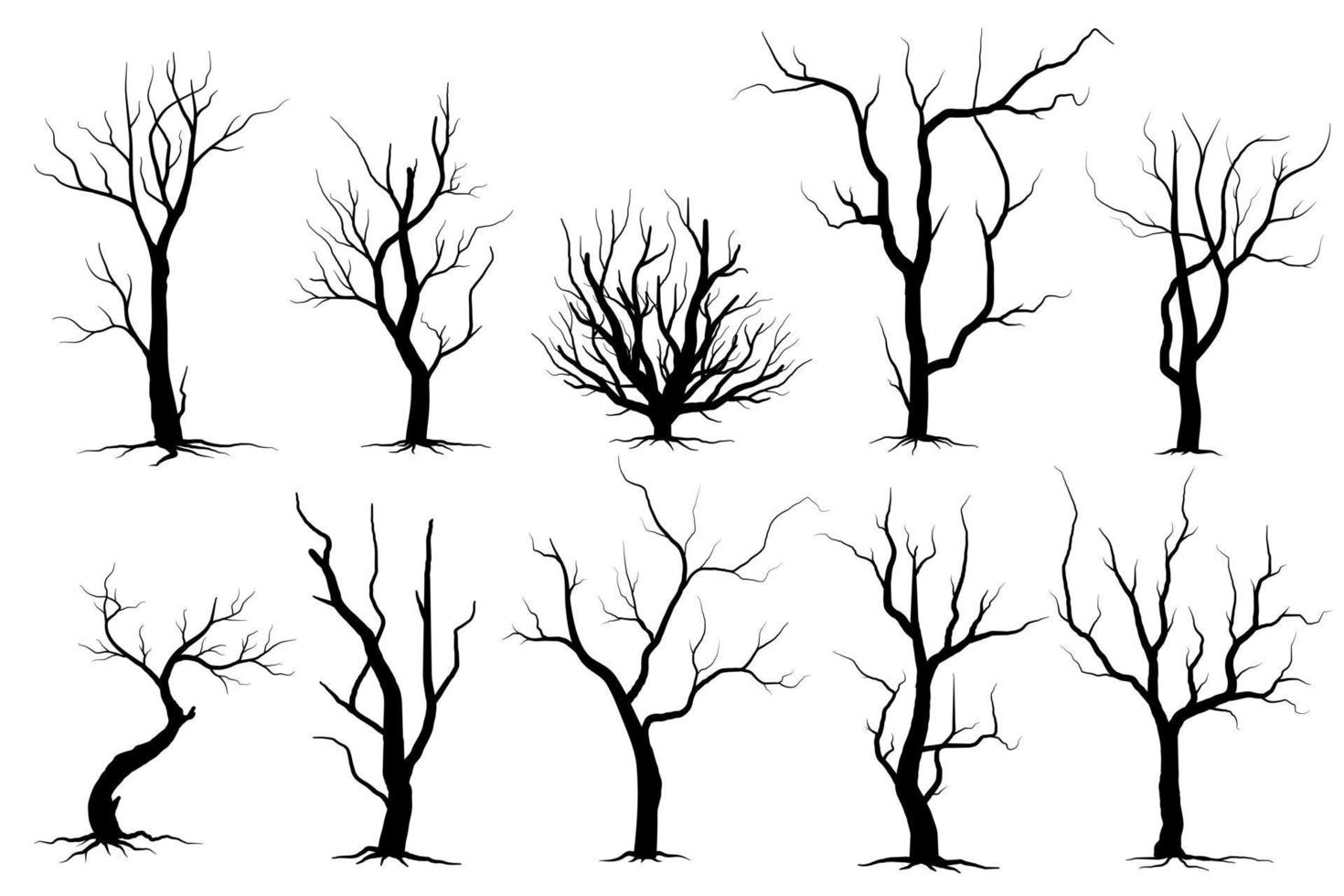 arbre à branches noires ou arbres nus et ensemble de silhouettes de racines. illustrations isolées dessinées à la main. vecteur