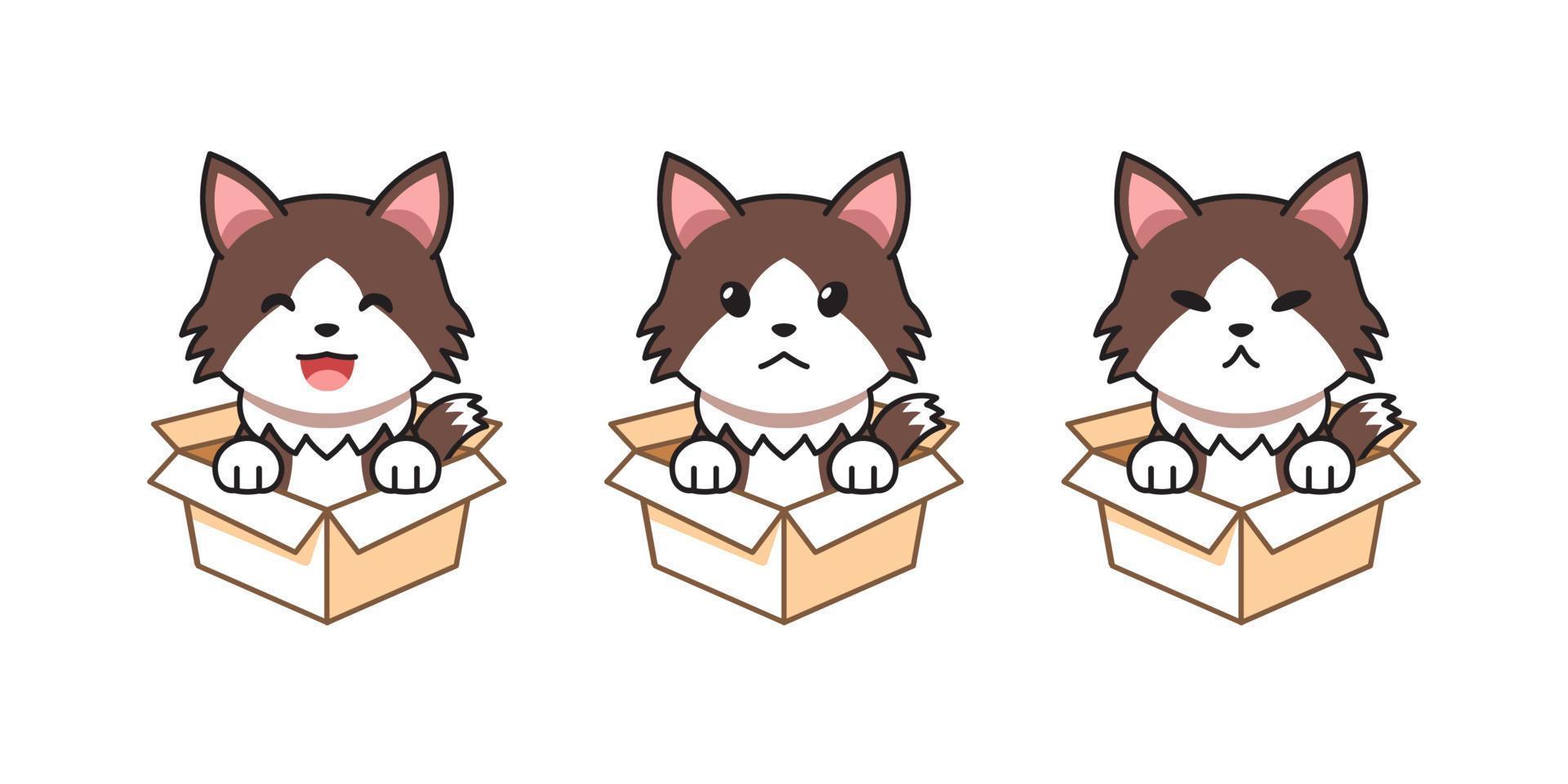 ensemble d'illustration de dessin animé de vecteur de chat ragamuffin montrant différentes émotions dans des boîtes en carton