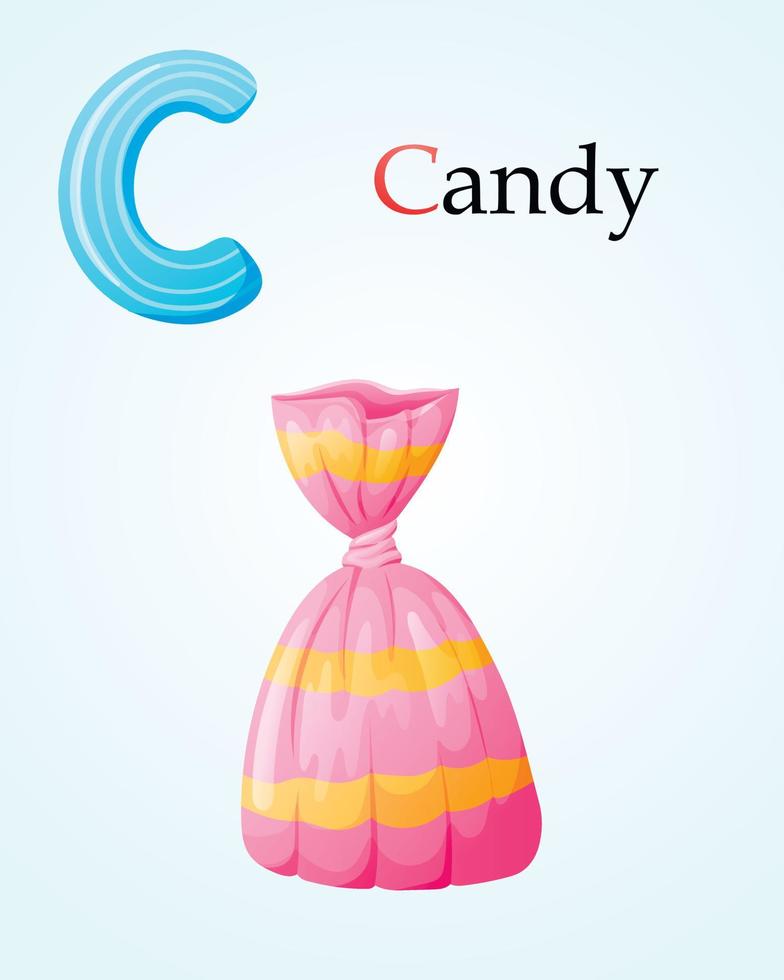 modèle de bannière pour enfants avec lettre de l'alphabet anglais c et image de dessin animé de bonbons d'illustration de bonbons dans un emballage lumineux. vecteur