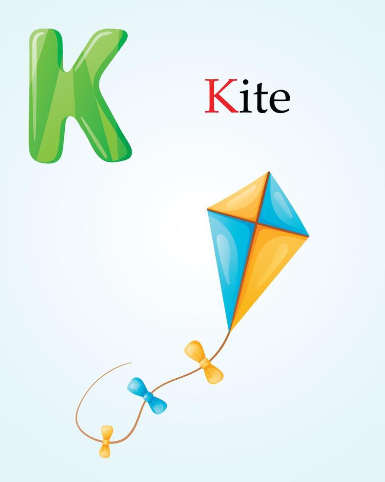modèle de bannière pour enfants avec lettre de l'alphabet anglais k et image de dessin animé d'enfants jouet volant cerf-volant sur une corde avec des arcs. vecteur