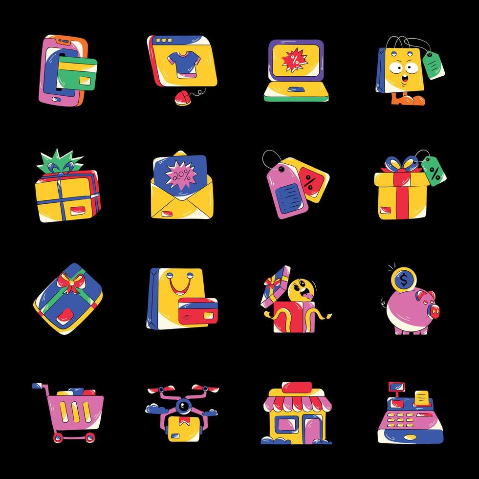 pack de stickers plats shopping vecteur