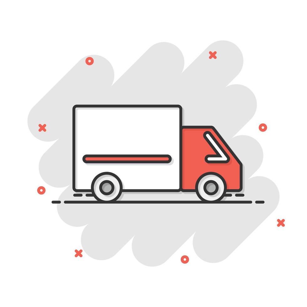 icône de camion dans le style comique. illustration de vecteur de dessin animé de livraison automatique sur fond blanc isolé. concept d'entreprise d'effet d'éclaboussure d'automobile de camion.