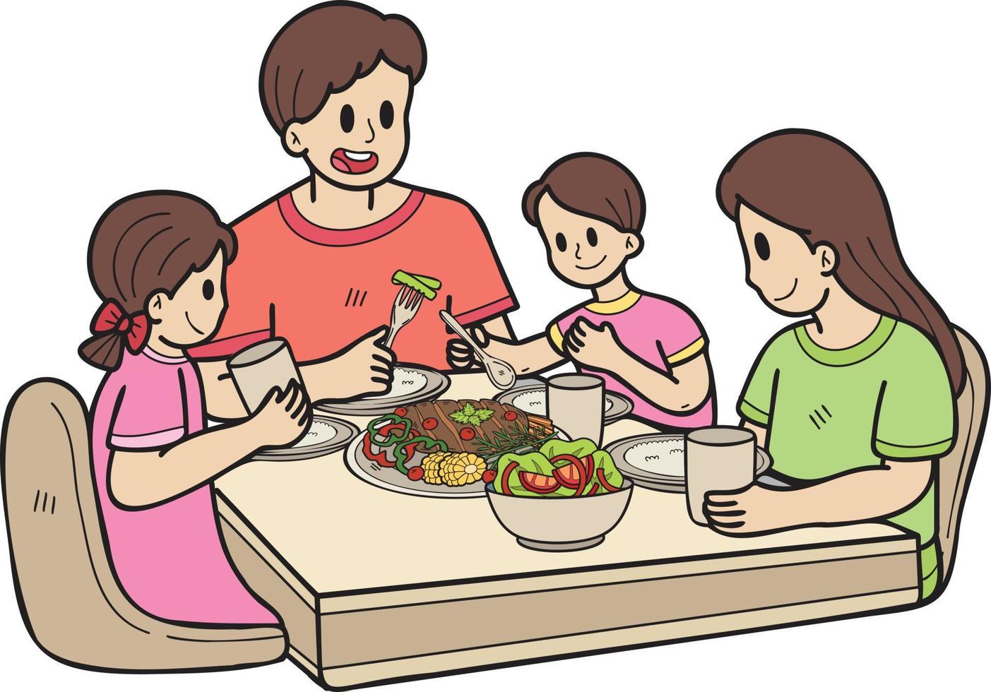 famille dessinée à la main, manger de la nourriture sur l'illustration de la table dans un style doodle vecteur