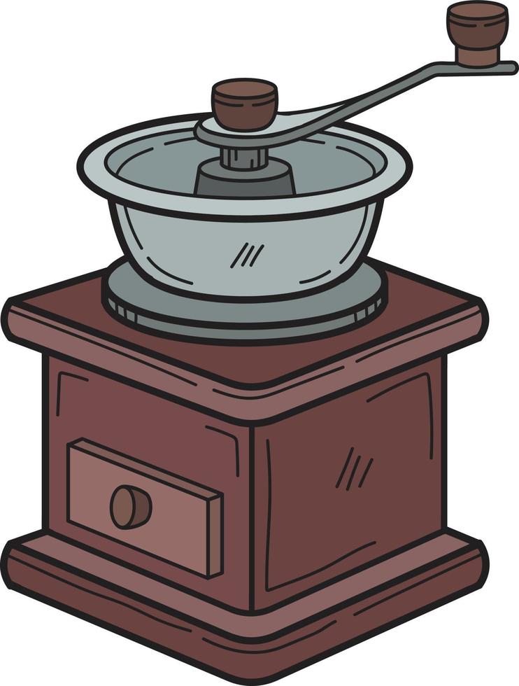 moulin à café manuel dessiné à la main avec illustration de grains de café dans un style doodle vecteur