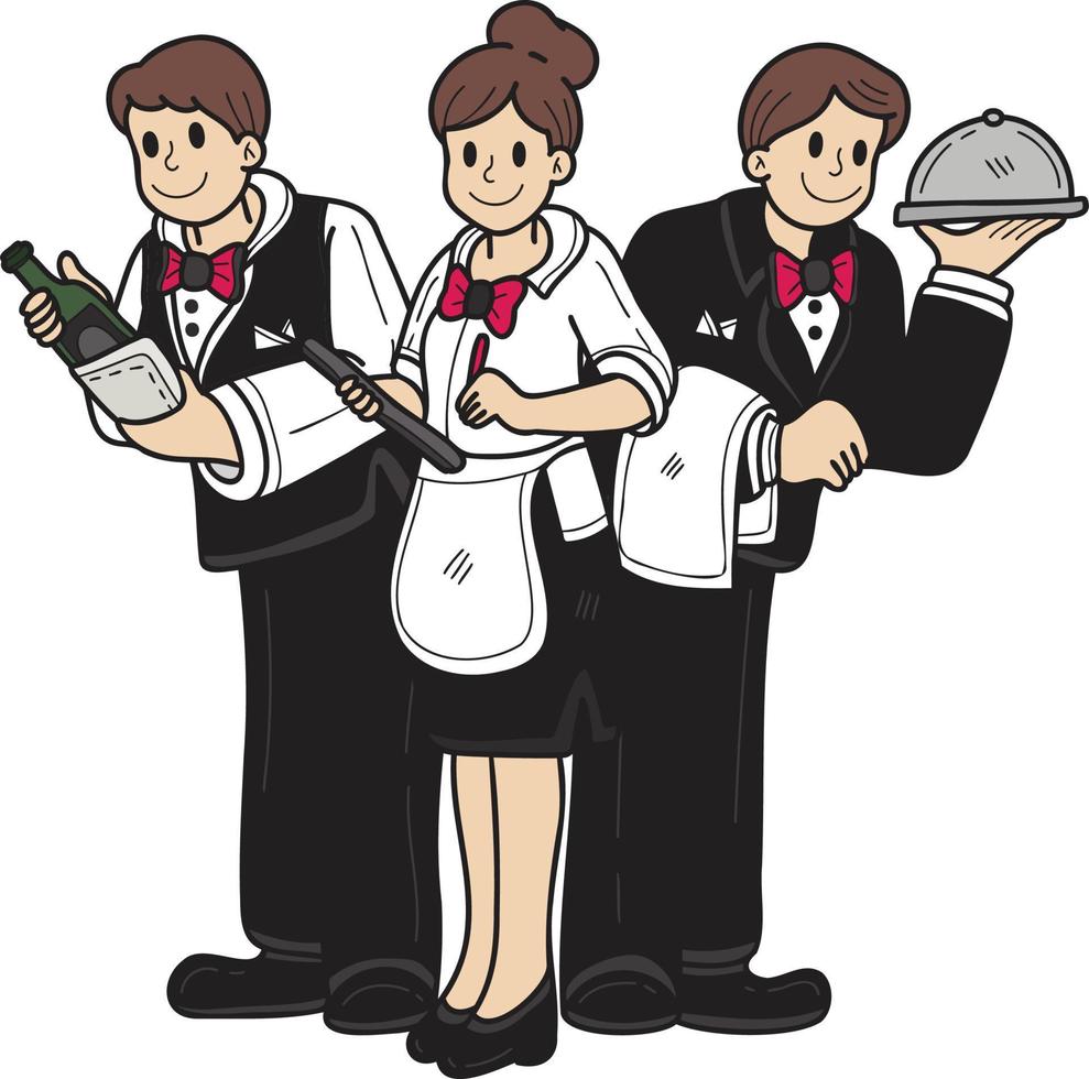 serveuse dessinée à la main dans une illustration de restaurant dans un style doodle vecteur