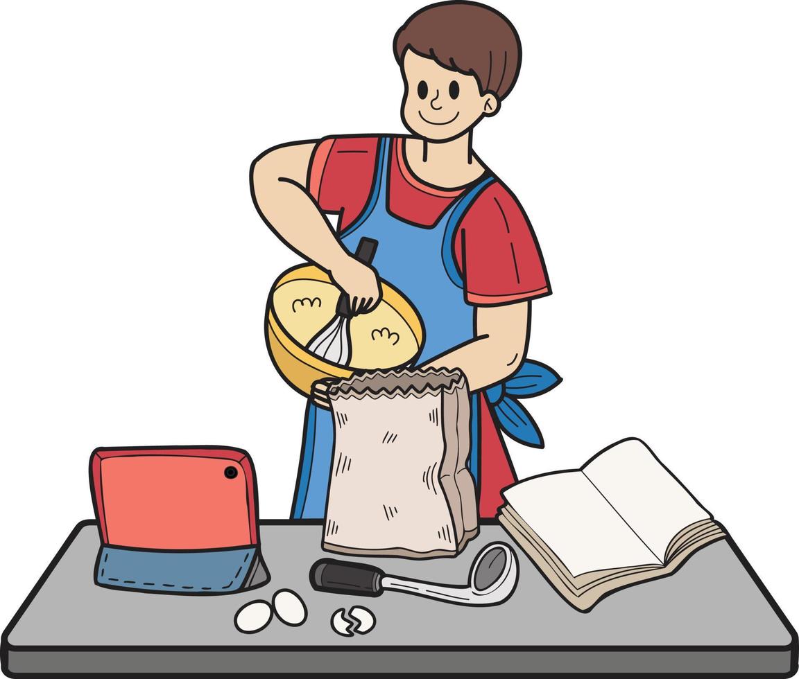 homme dessiné à la main apprenant à cuisiner à partir de lillustration internet dans un style doodle vecteur