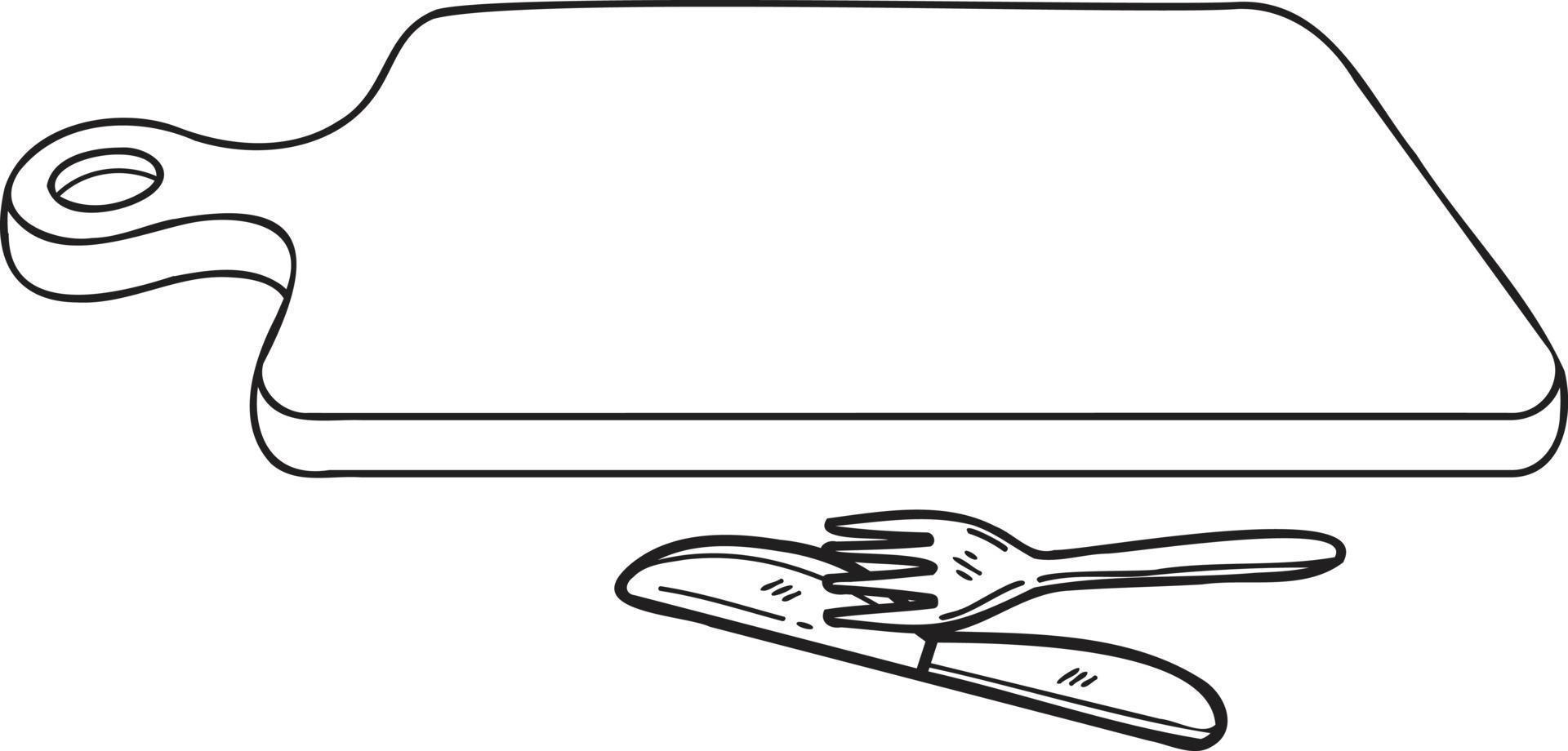 planche à découper en bois dessinée à la main avec illustration de fourchette et couteau dans un style doodle vecteur