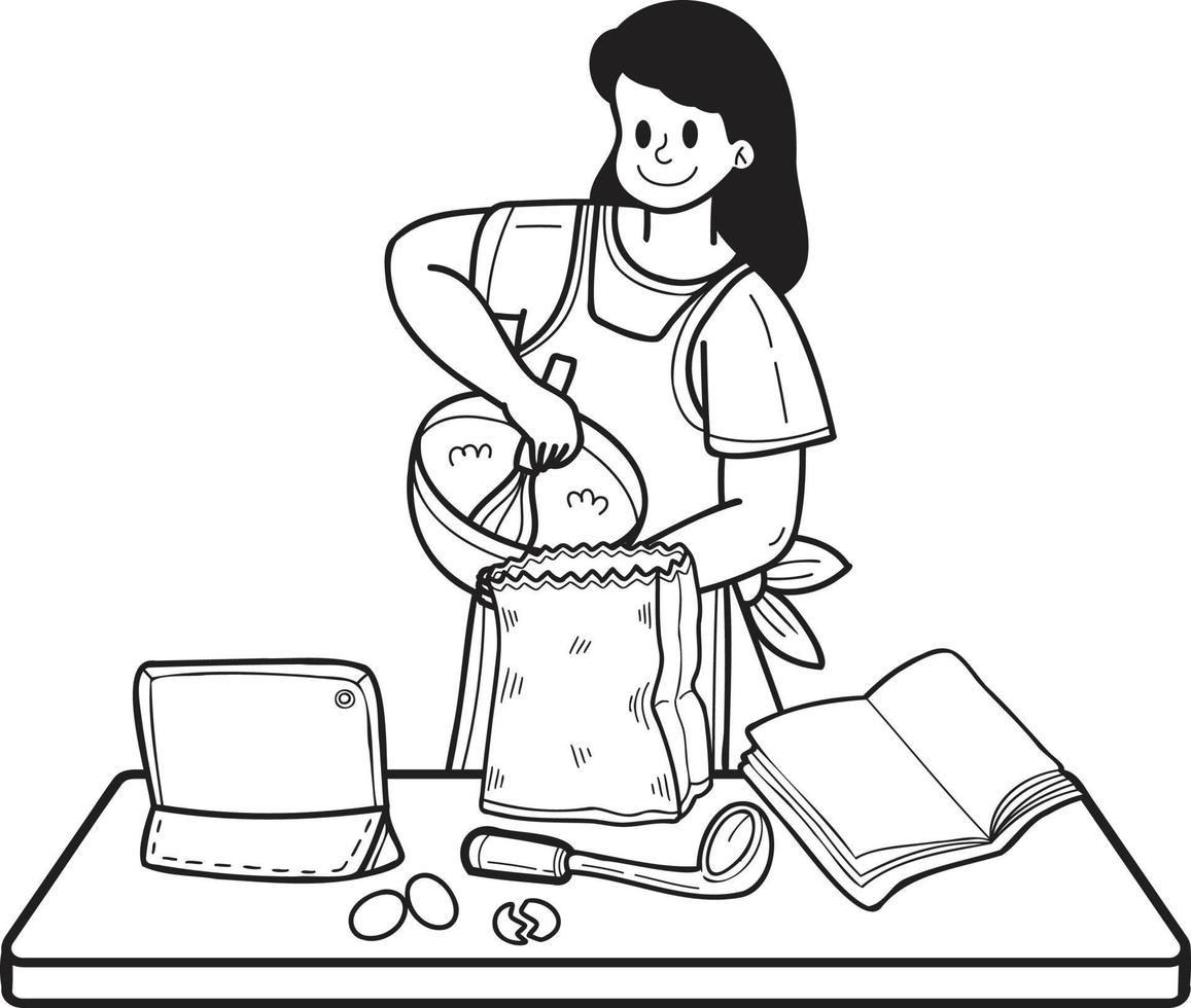 femme dessinée à la main apprenant à cuisiner à partir de lillustration internet dans un style doodle vecteur