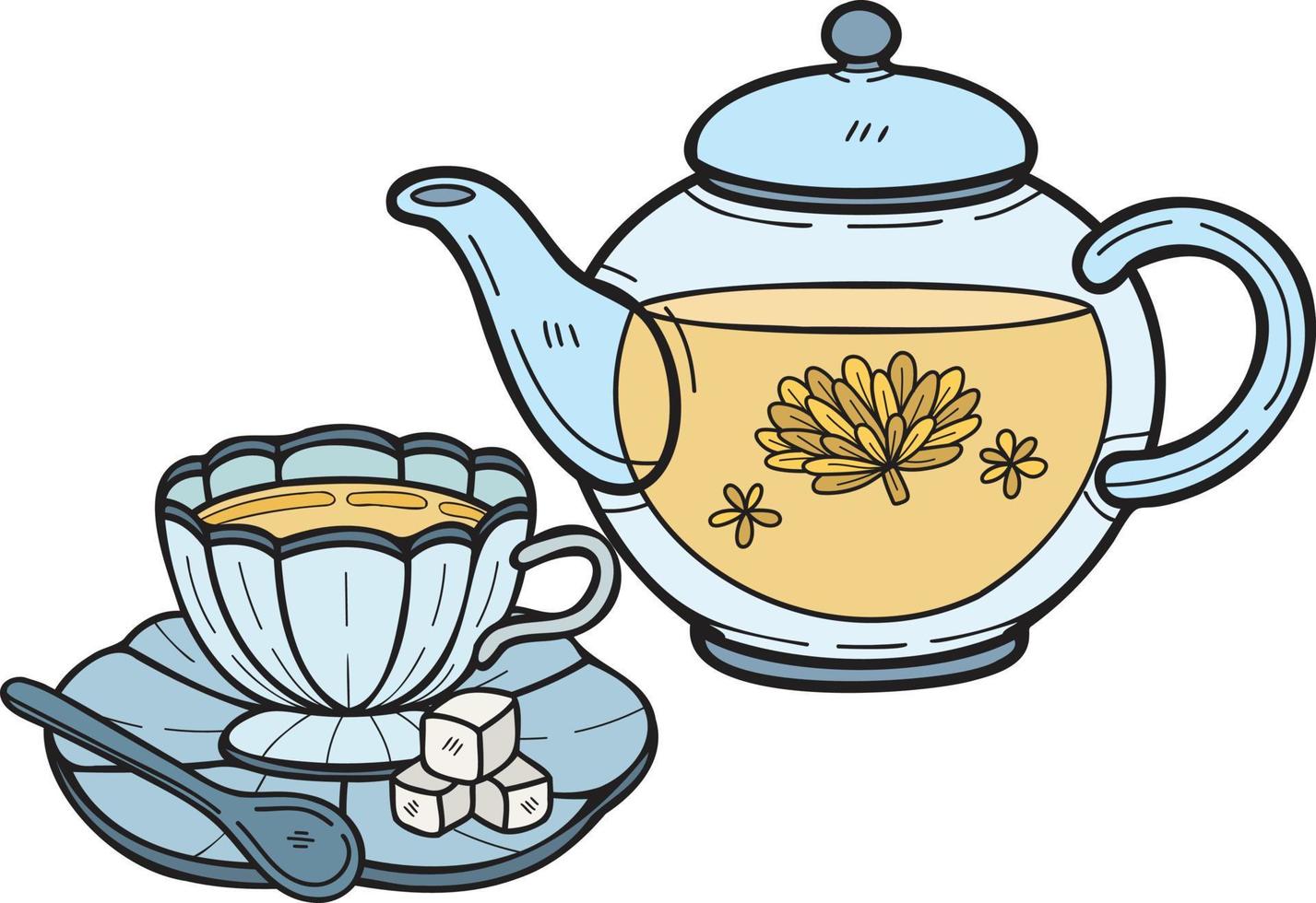 illustration de service à thé de style anglais dessiné à la main dans un style doodle vecteur