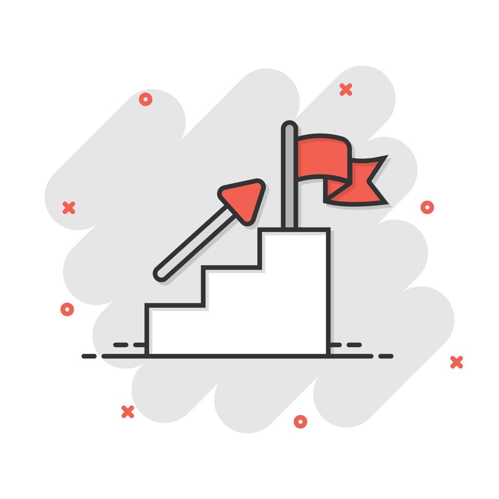 escalier avec icône de drapeau de finition dans le style comique. illustration de vecteur de dessin animé de défi de leadership sur fond blanc. concept d'entreprise d'effet d'éclaboussure de croissance de carrière.