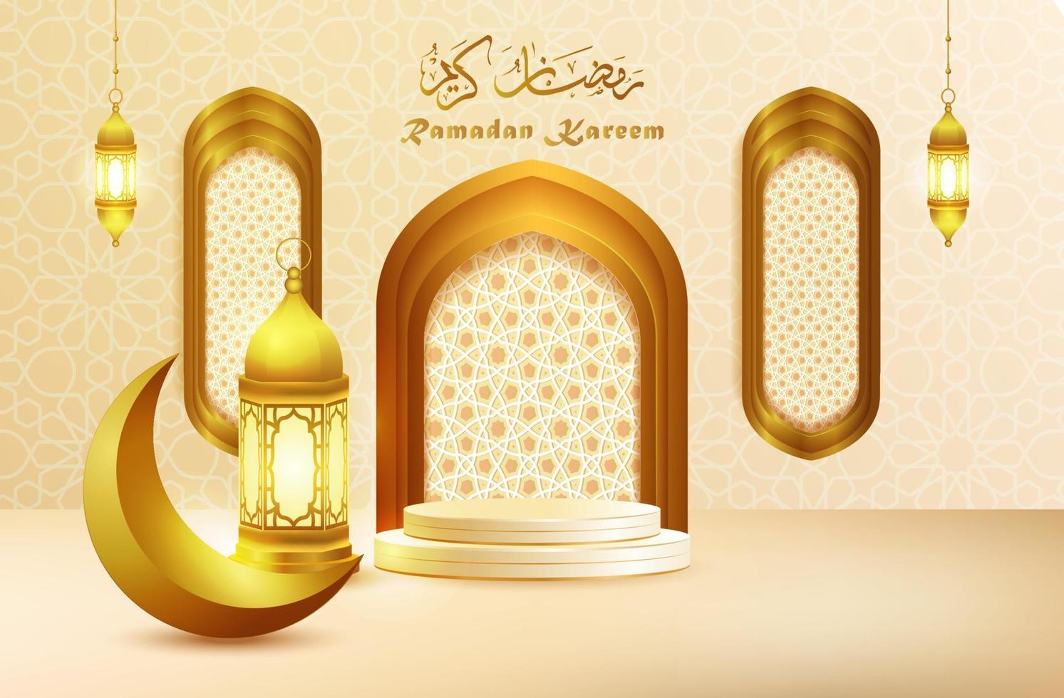 conception de bannière de vacances islamique moderne 3d. podium d'affichage avec lanterne du ramadan, eid mubarak vecteur