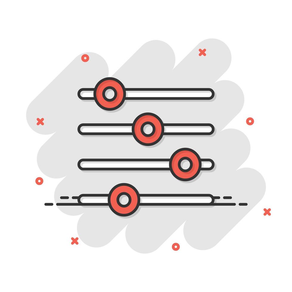 contrôler l'icône du volume dans le style comique. illustration vectorielle de signe de dessin animé de réglage audio sur fond blanc isolé. concept d'entreprise d'effet d'éclaboussure de filtre. vecteur
