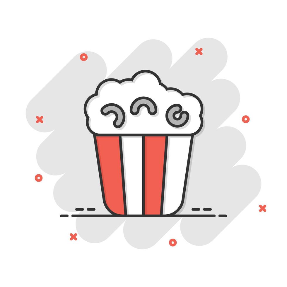 icône de film dans le style comique. illustration de vecteur de dessin animé de pop-corn sur fond blanc isolé. concept d'entreprise d'effet d'éclaboussure de seau de maïs soufflé.