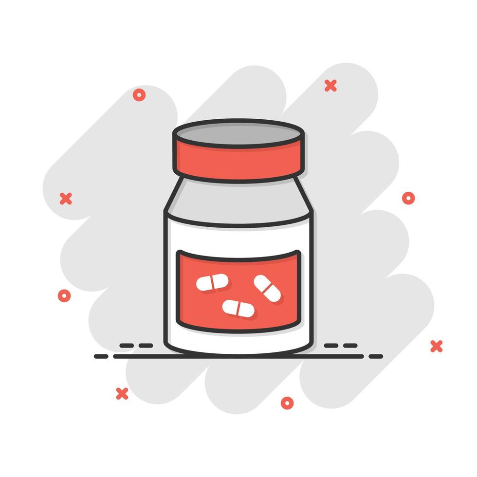 icône de bouteille de pilule dans le style comique. illustration de vecteur de dessin animé de médicaments sur fond blanc isolé. concept d'entreprise d'effet d'éclaboussure de pharmacie.
