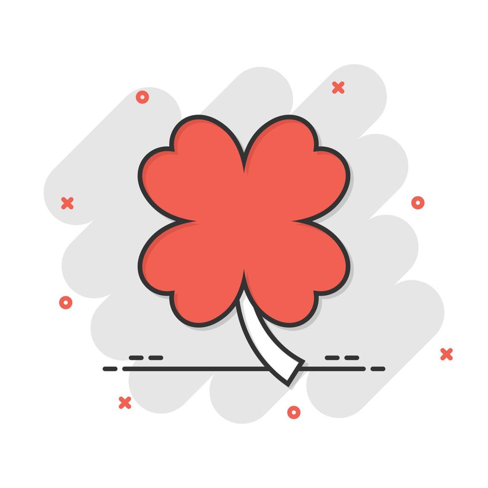 icône de trèfle à quatre feuilles dans le style comique. illustration de vecteur de dessin animé st patricks day sur fond blanc isolé. concept d'entreprise effet splash en forme de fleur.