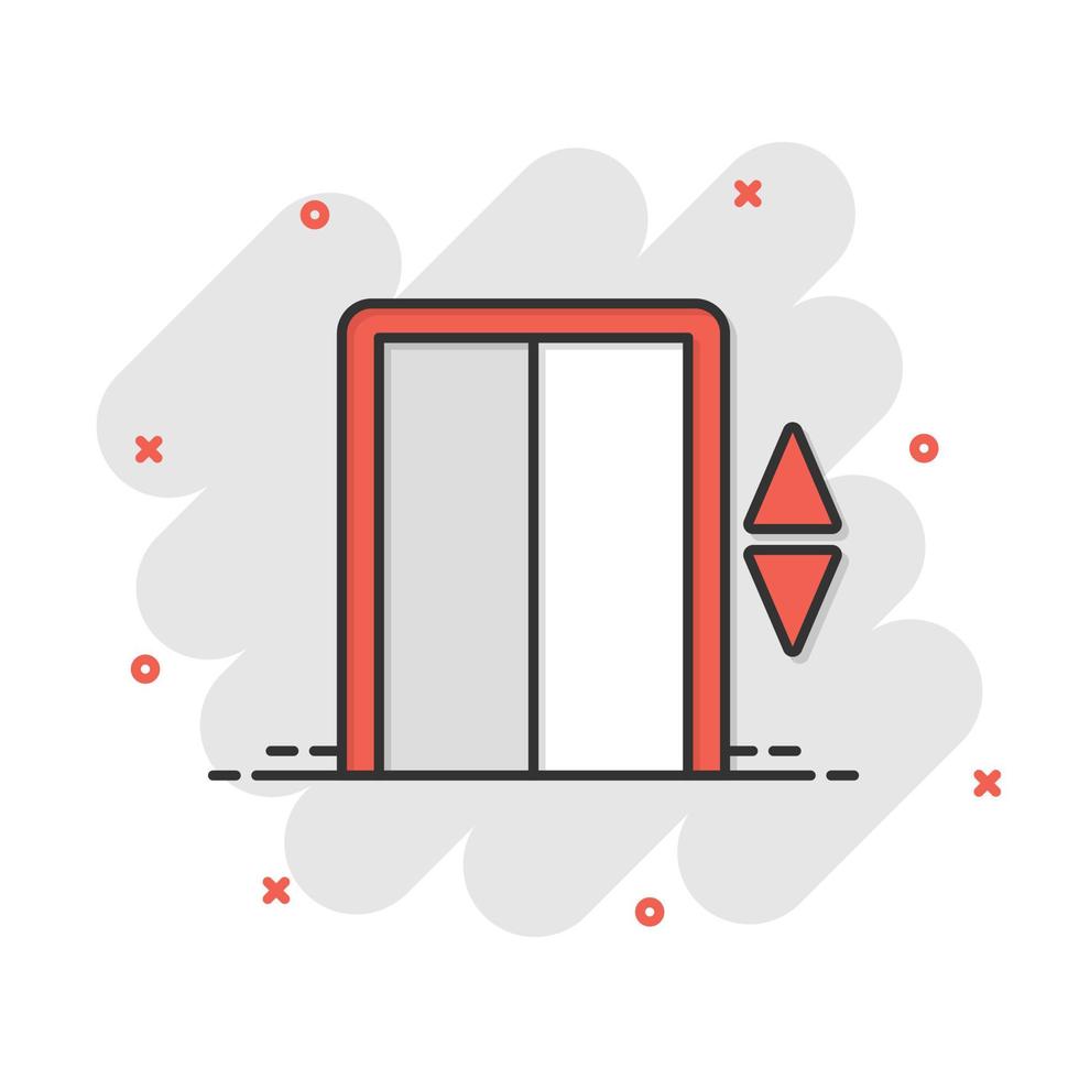 icône d'ascenseur dans le style comique. soulever l'illustration de vecteur de dessin animé sur fond blanc isolé. concept d'entreprise d'effet d'éclaboussure de transport de passagers.