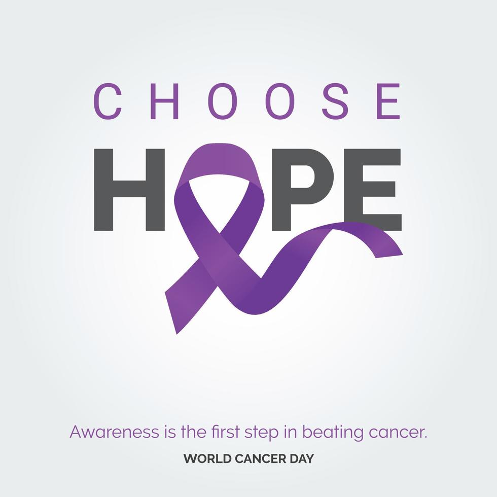 choisissez la typographie du ruban d'espoir. la sensibilisation est la première étape pour vaincre le cancer - journée mondiale contre le cancer vecteur