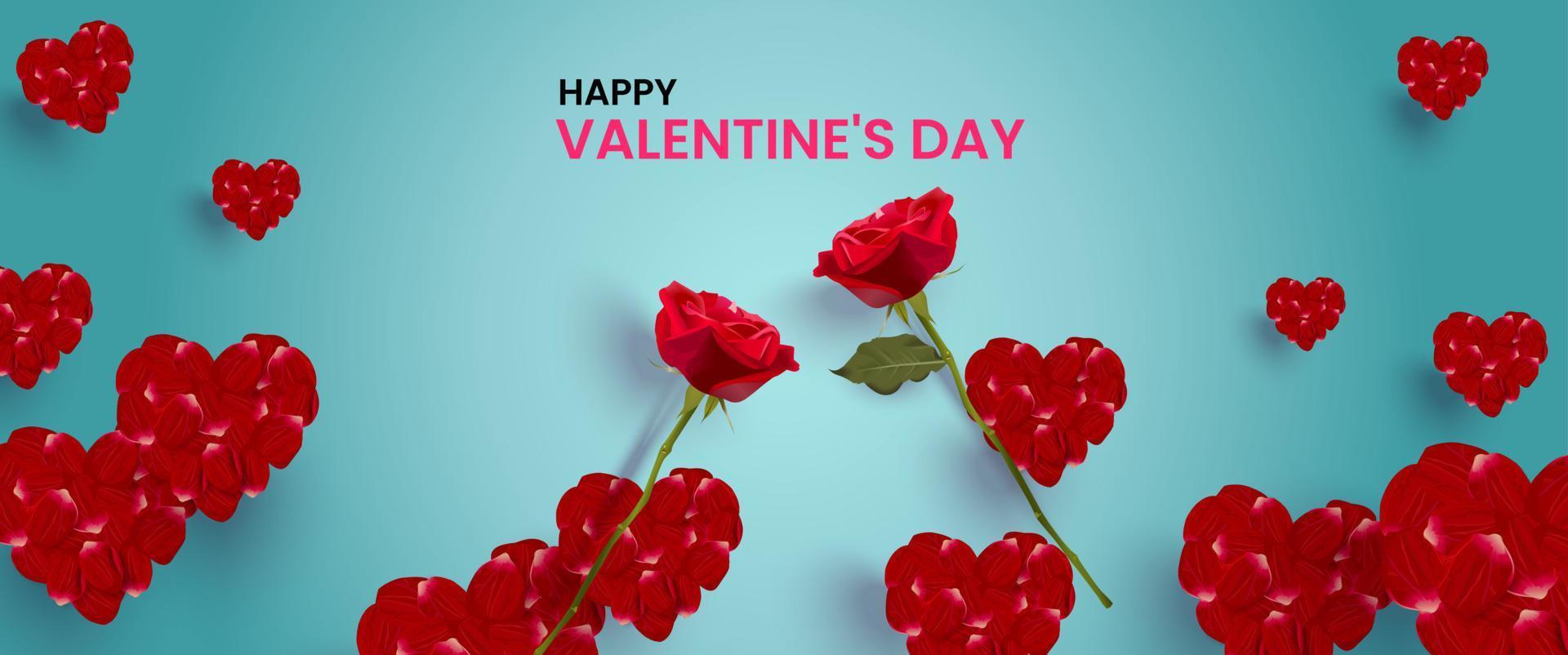 illustration vectorielle de fond de concept de saint valentin décorée de roses et de pétales de rose disposés en forme de coeur. jolie bannière de vente d'amour ou carte de voeux. vecteur
