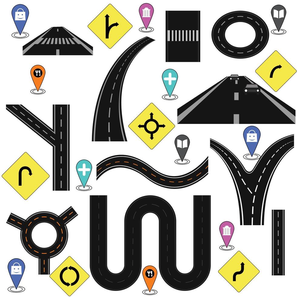 ensemble d'autoroutes et de routes sinueuses. modèle de route asphaltée droite. arrière-plan abstrait, élément de jalon de modèle, illustration moderne. feuille de route commerciale. route venteuse. pointeur de broche de position. vecteur