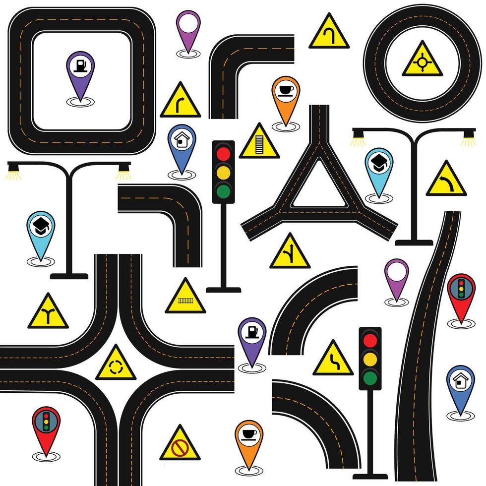 ensemble d'autoroutes et de routes sinueuses. modèle de route asphaltée droite. arrière-plan abstrait, élément de jalon de modèle, illustration moderne. feuille de route commerciale. route venteuse. pointeur de broche de position. vecteur