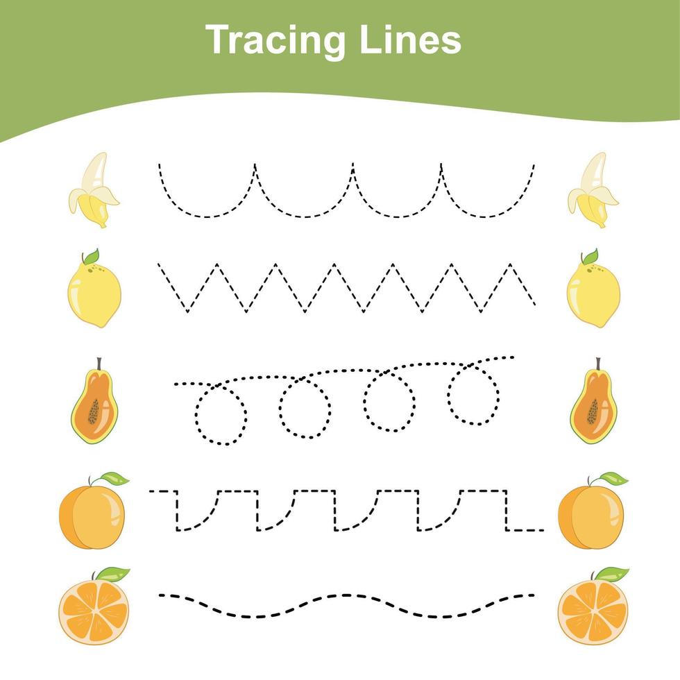 traçage des lignes jeu fruits édition. feuille de travail pédagogique pour les enfants. activité de feuille de travail pour les enfants d'âge préscolaire. illustration vectorielle. vecteur