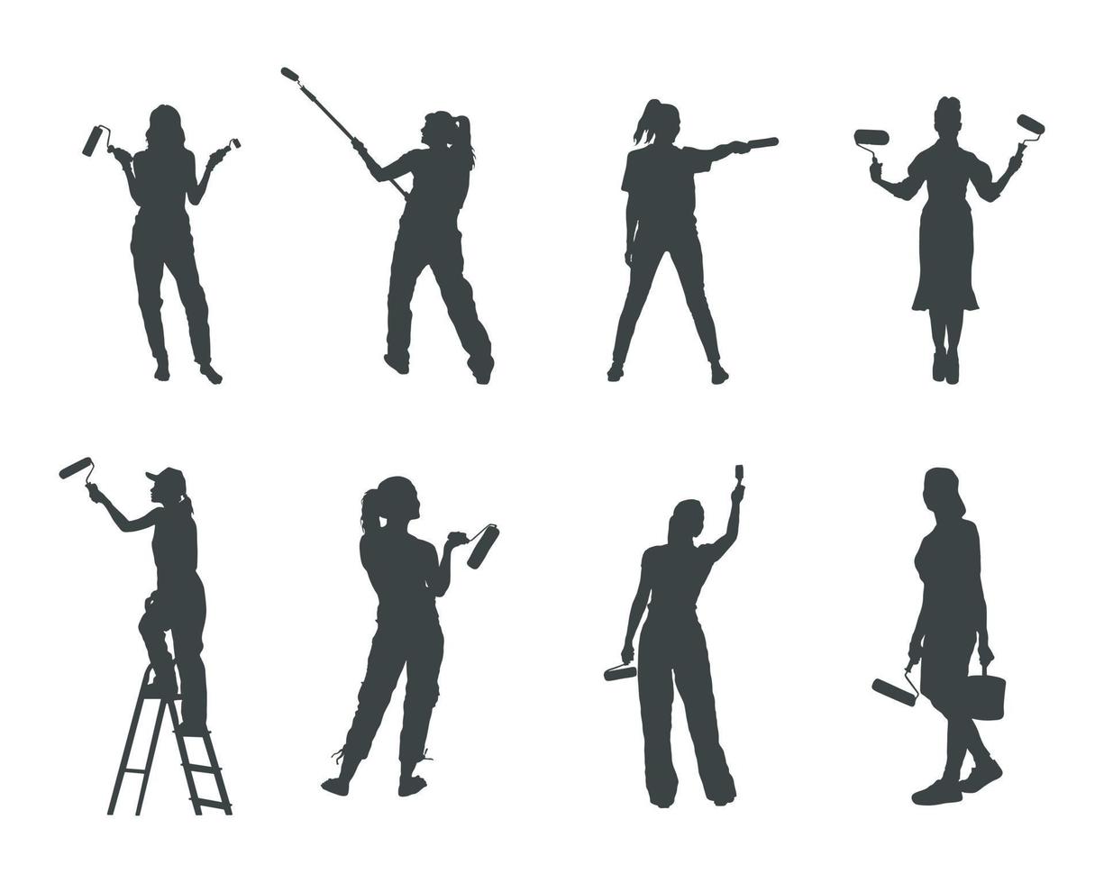 silhouettes de femme peintre, silhouette de peintre en bâtiment vecteur