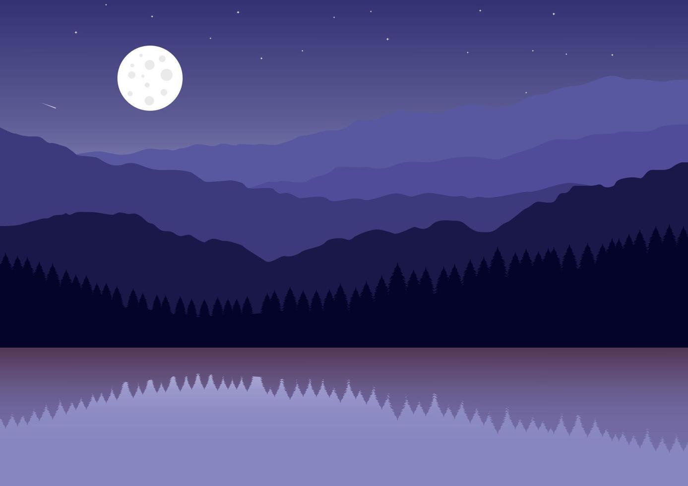 paysage nocturne avec montagnes, lac, forêt et pleine lune. illustration vectorielle vecteur