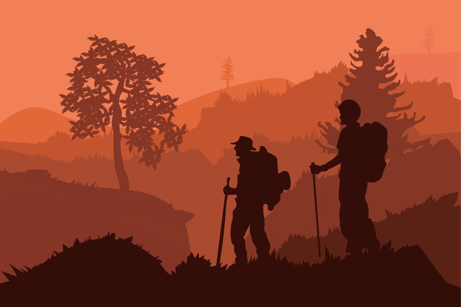 1 randonneur d'équipe, randonneur, touristes debout dans un paysage de montagne avec forêt sous ciel coucher de soleil, avec nuages et oiseaux volants, arbre vecteur