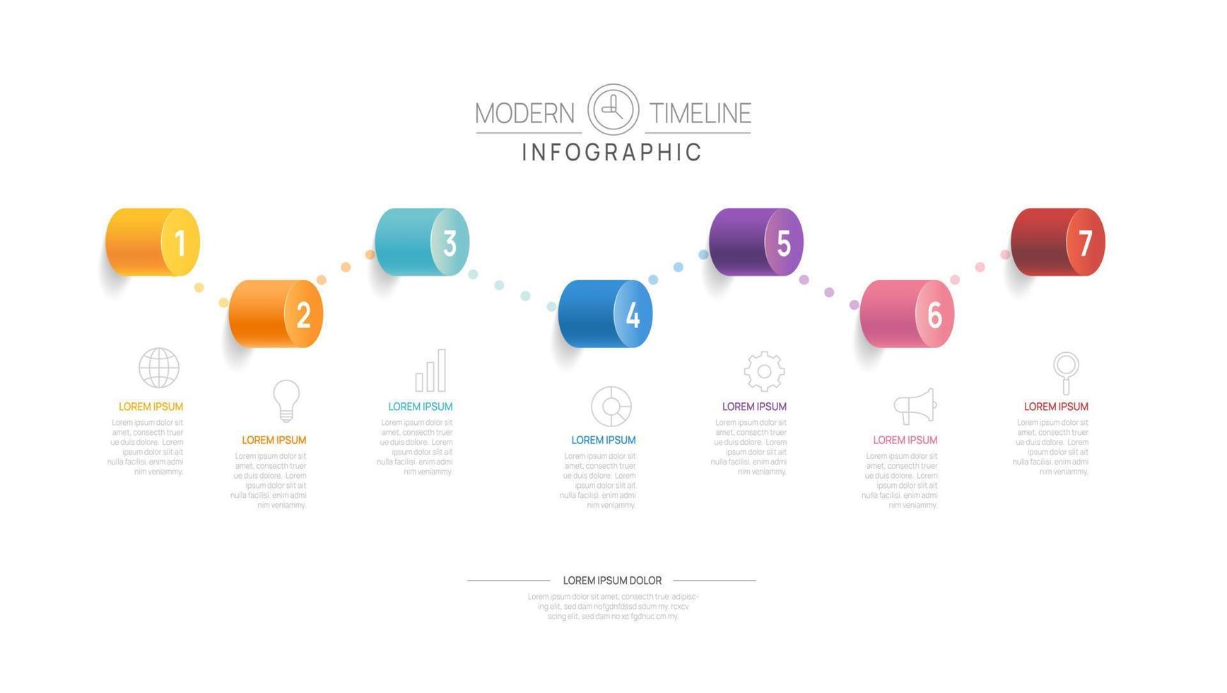 modèle de diagramme de chronologie infographique pour les entreprises. Feuille de route moderne en 7 étapes avec des sujets de cercle, pour les infographies vectorielles, les organigrammes, les présentations. vecteur