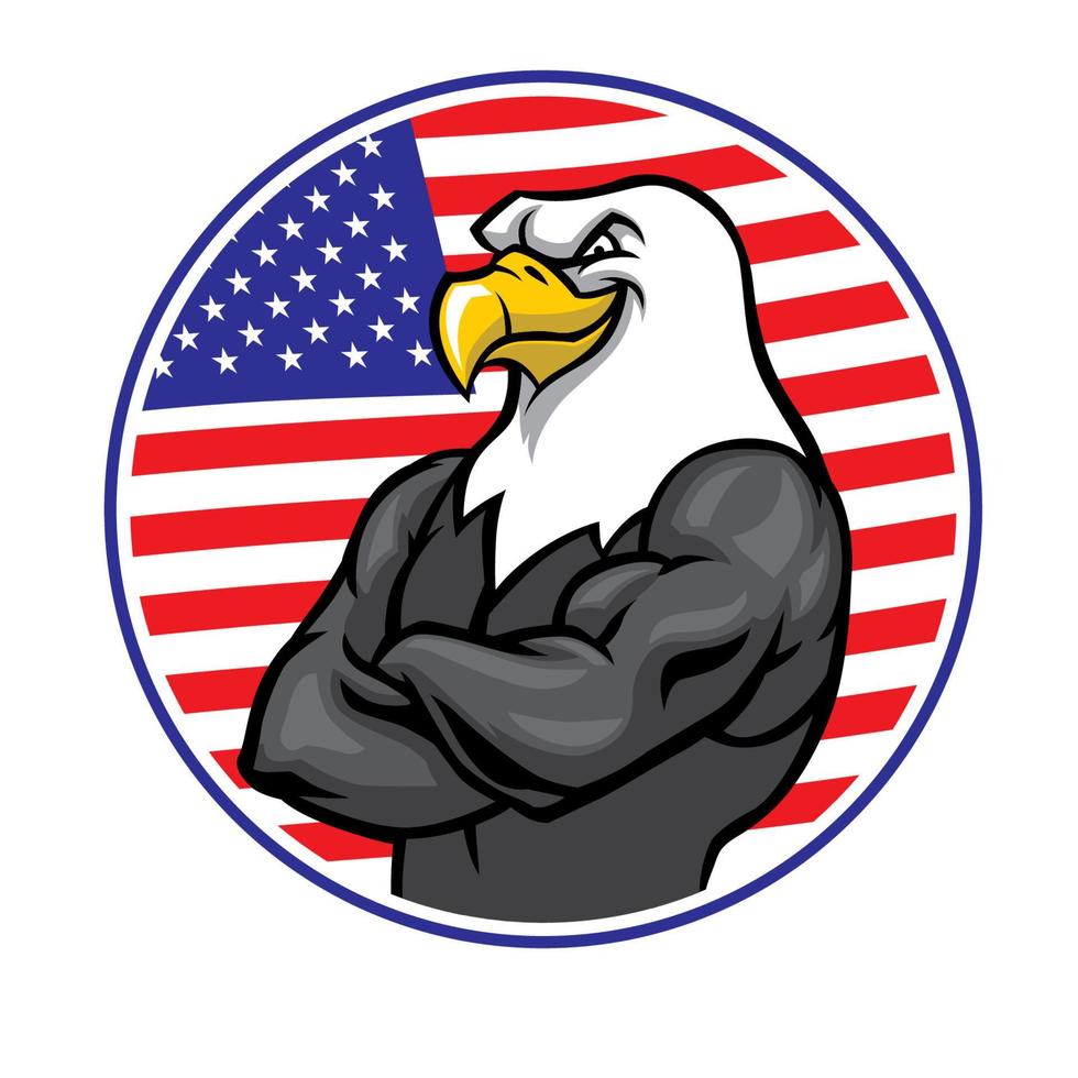 mascotte aigle montre le muscle avec fond de drapeau américain vecteur