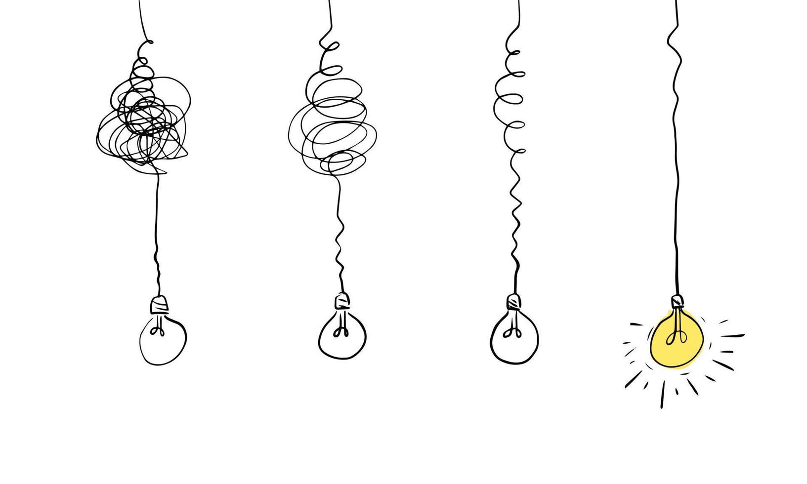 icône d'idée d'ampoules de doodle. simplifier le concept complexe, la clarté de la confusion ou le concept d'idée de vecteur de chemin avec des ampoules. illustration vectorielle