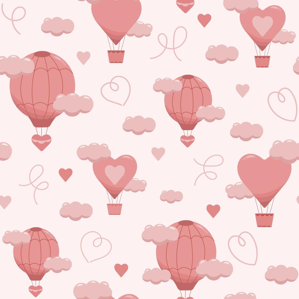vecteur plat modèle sans couture de ballons à air dans des couleurs roses pastel avec des coeurs et des nuages. impression de bébé mignon romantique. conception de petite princesse. papier peint rose pour bébé fille