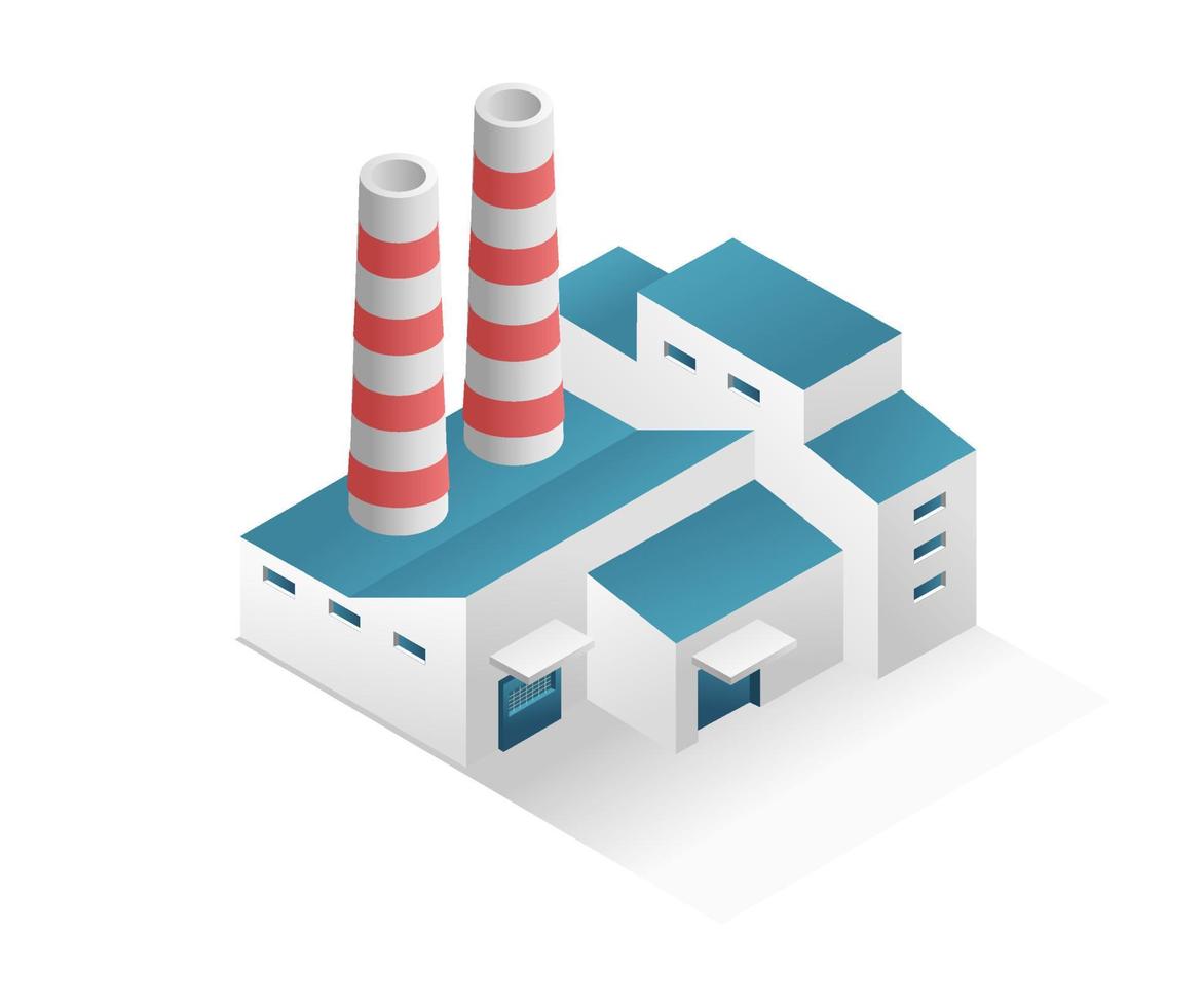 concept isométrique plat illustration 3d bâtiment industriel minimaliste usine et cheminée vecteur