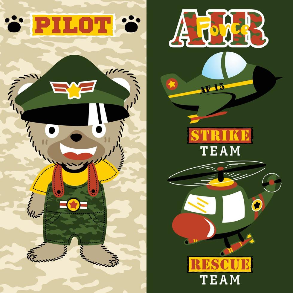 ours mignon en costume de pilote avec des avions militaires, illustration de dessin animé de vecteur