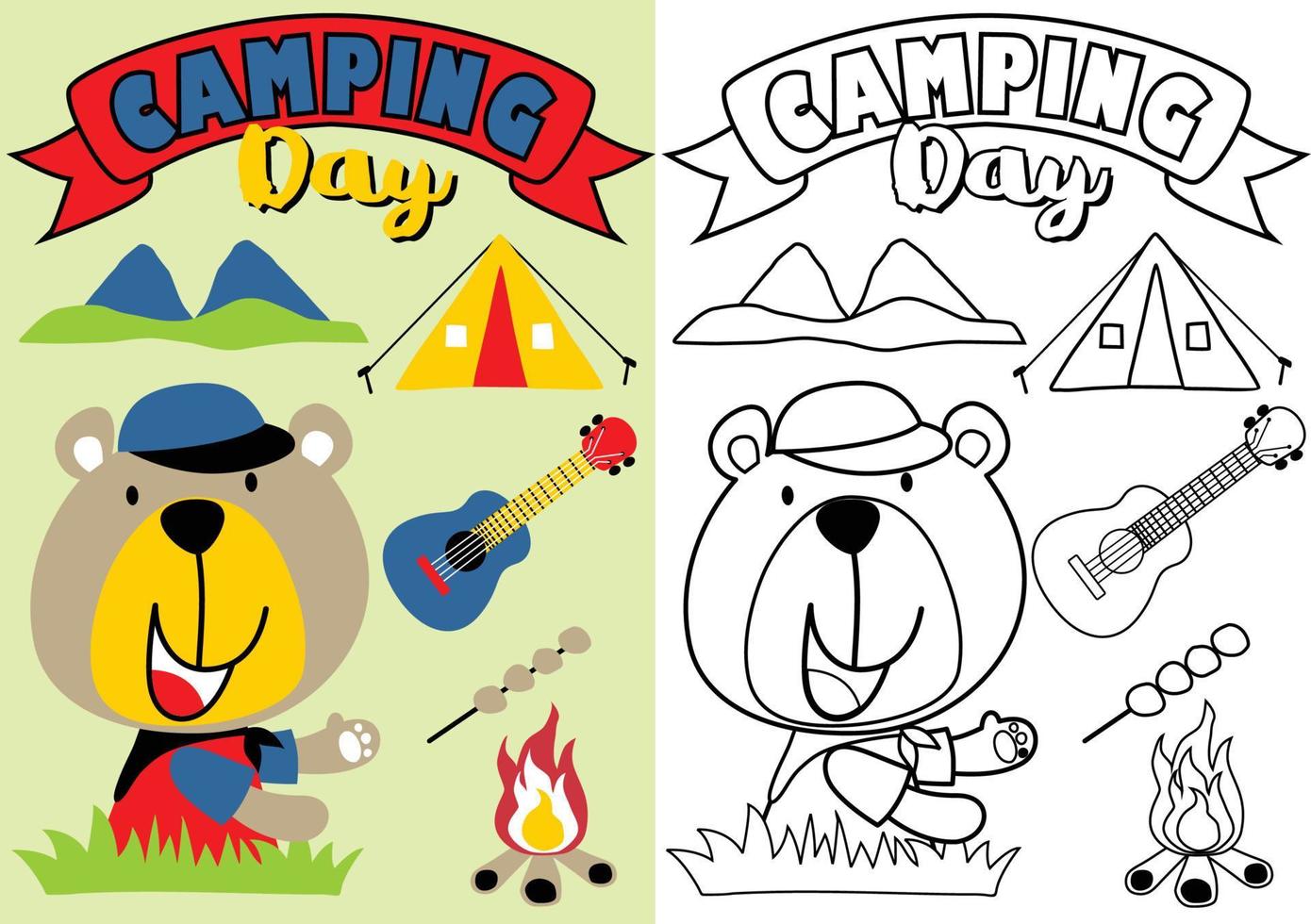 dessin vectoriel d'ours drôle avec éléments de camping, livre de coloriage ou page