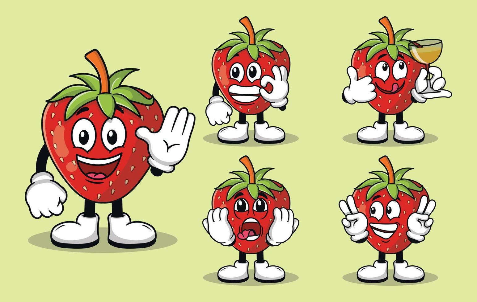 jolie mascotte de fraise avec divers types d'expressions vecteur